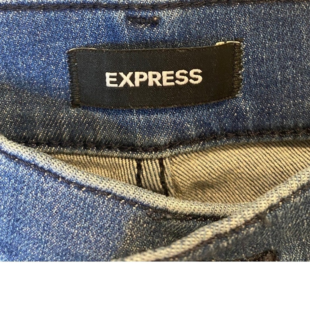 Express Skinny High Rise Hyper Stretch Distressed Jeans Blue Raw Hem Size 8R - Picture 3 of 7